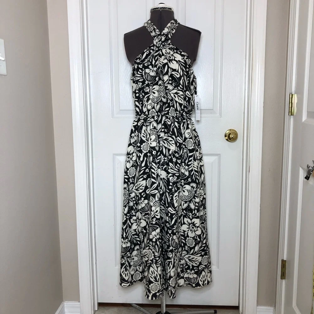 Maggy London Linen Blend Black Cream Floral Halter Pockets Lined Midi Dress 10 - Picture 2 of 16